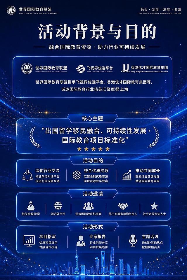 替换图片中香港优才国际教育集团位置的原有logo，替换为用户提供的新logo，保持原有深蓝色科技背景和所有文字内容、排版、结构不变