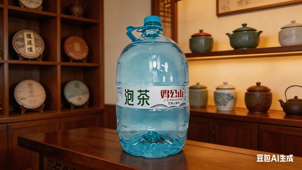 茶馆门店饮用水场景，保持原鸡公山泡茶山泉水桶形状和标签文字不变，大水桶放置在中式茶馆吧台角落，背景是木质博古架，摆放着茶饼和茶叶罐，暖黄灯光，营造古朴雅致的商用泡茶氛围，自然融入环境预览效果