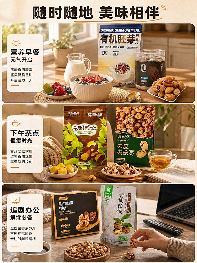 [商品] 使用【图1】场景种草页作为风格和版式参考，生成第4张场景种草模板，保持三段竖拼+左侧圆角信息卡+图标+标题+副标题+卖点文案的完全一致结构。
[画面] 目标：场景种草模板，三段式竖拼布局，完全复刻参考图版式。从上到下：第一段"营养早餐"场景，厨房餐桌，燕麦碗+牛奶+草莓蓝莓+燕麦片袋+碧根果罐，左侧圆角白底信息卡配太阳图标；第二段"下午茶点"场景，客厅茶几，板栗仁+红枣+茶杯+书+毛毯，左侧圆角白底信息卡配咖啡杯图标；第三段"追剧办公"场景，办公桌/沙发，黑松露核桃仁+核桃+手+电脑/遥控器，左侧圆角白底信息卡配播放按钮图标。每段信息卡位置、大小、圆角弧度与参考图一致。
[视觉] 套系策略：风格=自然暖阳食欲感商业摄影；标题字=粗黑体厚重有力；正文字=细黑体清爽可读；主色=暖棕+米白；背景延展=暖棕米白深浅层级、木质织物质感；强调色=暖橙红（图标/引线/标签）；标题色=深棕色；正文色=深灰色；组件=圆角白底信息卡、细线引线、线性小图标；光影=各场景自然暖光。
[文字] 每段左侧信息卡：图标+主标题+副标题+3行卖点文案，文字左对齐，横排。顶部整体大标题"随时随地 美味相伴"，下方橙色装饰线。
[规格] 图片比例3:4竖版，4K，信息卡边界清晰，文字与背景分层明确，便于后期编辑替换。