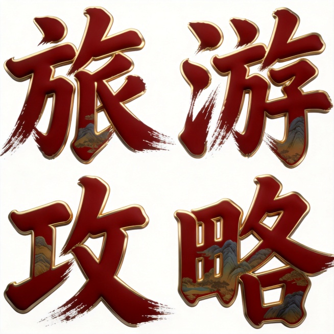 干净的纯白色背景。
3D艺术字体设计，4个主体文字"旅游攻略"，所有文字单行横向排列，现代国潮风格，书法毛笔笔触，笔画苍劲有力带有飞白效果，整体结构稳重舒展。主体文字采用深红色填充，烫金描边，融入山水预览效果