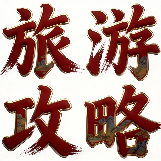 干净的纯白色背景。
3D艺术字体设计，4个主体文字"旅游攻略"，所有文字单行横向排列，现代国潮风格，书法毛笔笔触，笔画苍劲有力带有飞白效果，整体结构稳重舒展。主体文字采用深红色填充，烫金描边，融入山水暗纹肌理。
仅包含4个字："旅"、"游"、"攻"、"略"，不得增加、遗漏或替换任何一个字。
文字整体必须完整呈现在画面内不可被裁切，四周留有安全边距。比例1:1。