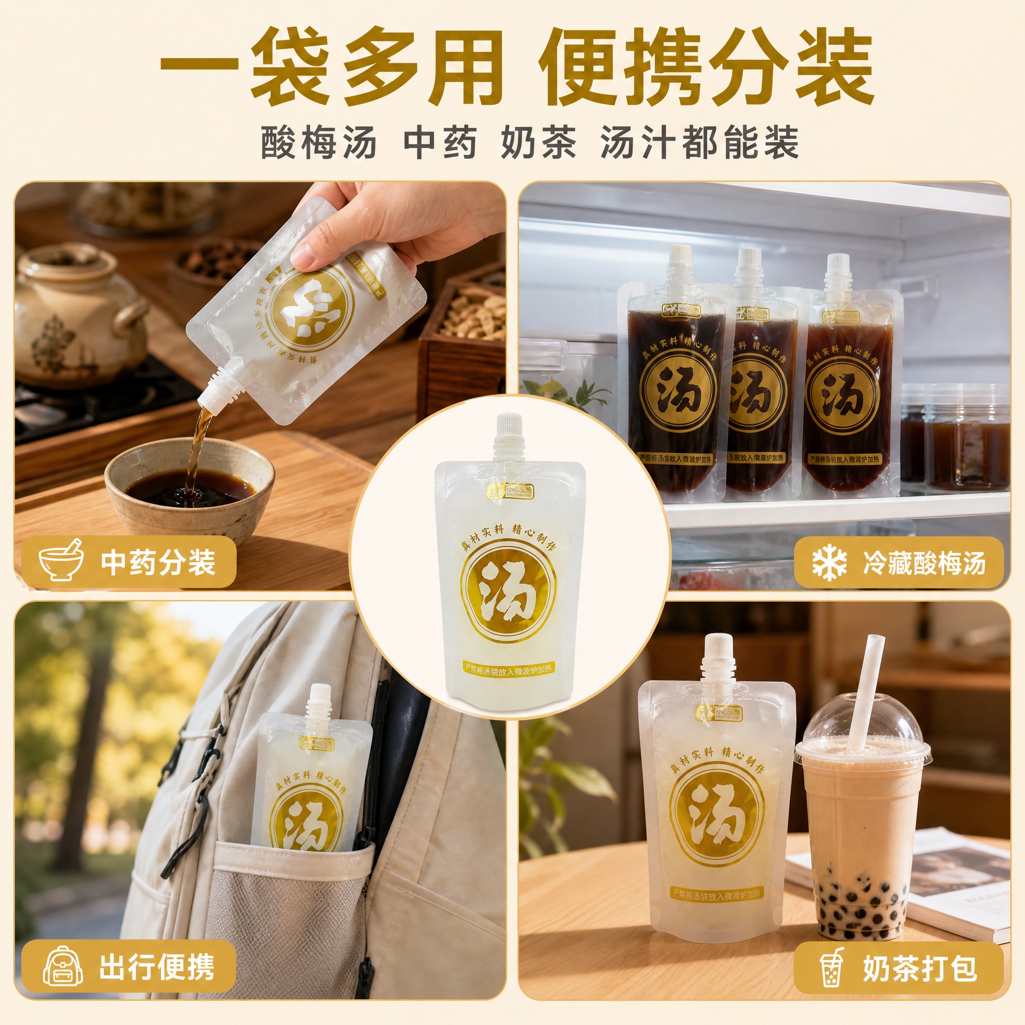 [主图-4] 食品级透明自立吸嘴袋 多场景适用与使用方式展示。… - 图片创意预览