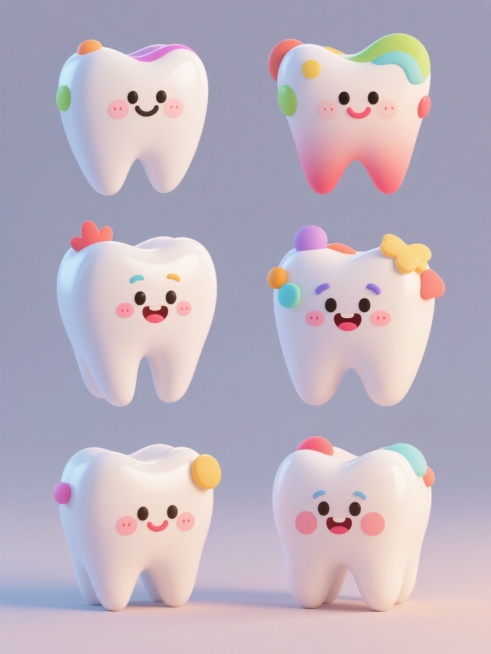 3D卡通风格牙齿素材集合，纯色背景，六个不同造型、形状、样式的牙齿角色，保持圆润光滑的3D质感，明亮柔和的光影，高饱和度色彩搭配，每个牙齿拥有独特的表情和装饰元素，规整网格排布，白色主体搭配彩色点缀，可爱拟人化设计，平滑渐变过渡，无投影简洁背景，细节丰富的卡通形象，统一视觉风格。预览效果