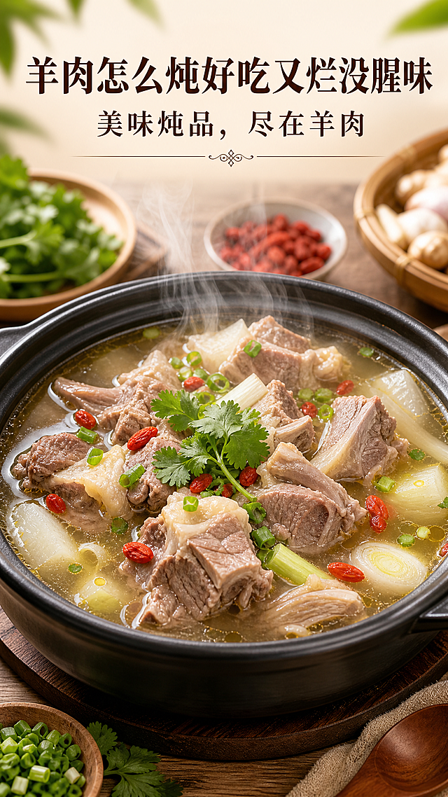 美食做法宣传图，上方保留两行文字：第一行“羊肉怎么炖好吃又烂没腥味”，第二行“美味炖品，尽在羊肉”，画面展示一锅热气腾腾的清炖羊肉，汤色清亮肉质软烂，尺寸720*1280