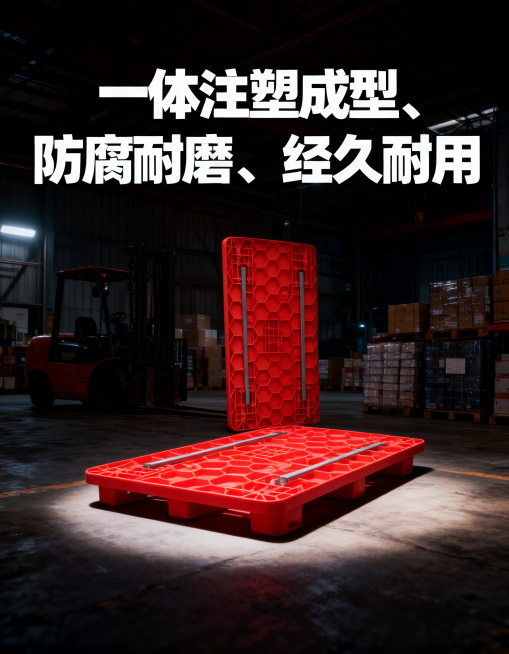 工业风竖版电商海报，主体为红色聚丙烯手推车车板，反面展示蜂窝状加强筋结构，突出42mm厚度和1500斤超强承重。海报标题用白色粗体字，背景是昏暗的工厂车间，内有叉车和堆叠的货物，光线聚焦在车板上，画面预览效果