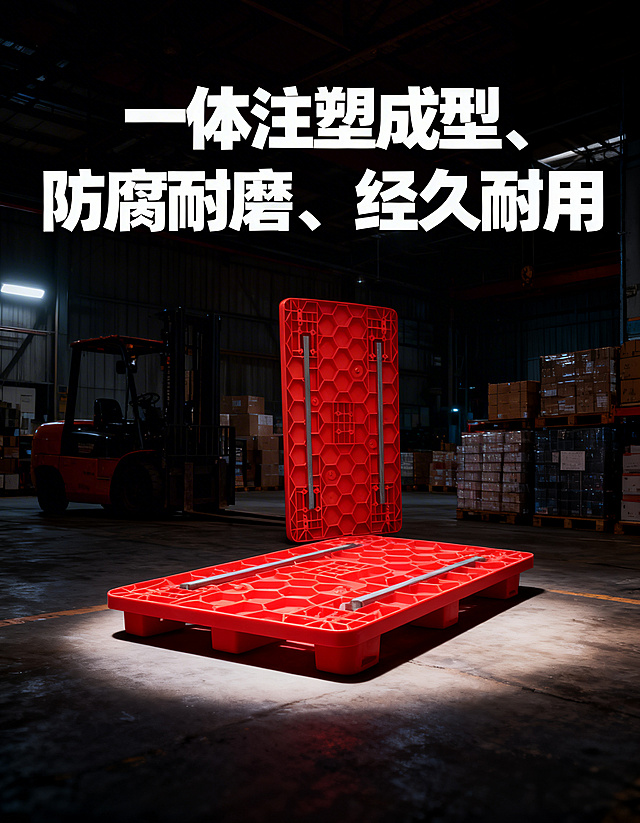 工业风竖版电商海报，主体为红色聚丙烯手推车车板，反面展示蜂窝状加强筋结构，突出42mm厚度和1500斤超强承重。海报标题用白色粗体字，背景是昏暗的工厂车间，内有叉车和堆叠的货物，光线聚焦在车板上，画面突出“一体注塑成型、防腐耐磨、经久耐用”的核心卖点，整体风格硬朗专业，适配仓储物流场景。