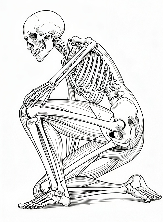 请将这张医学图的细节减少，只保留皮肤和骨骼，线描风格，黑白