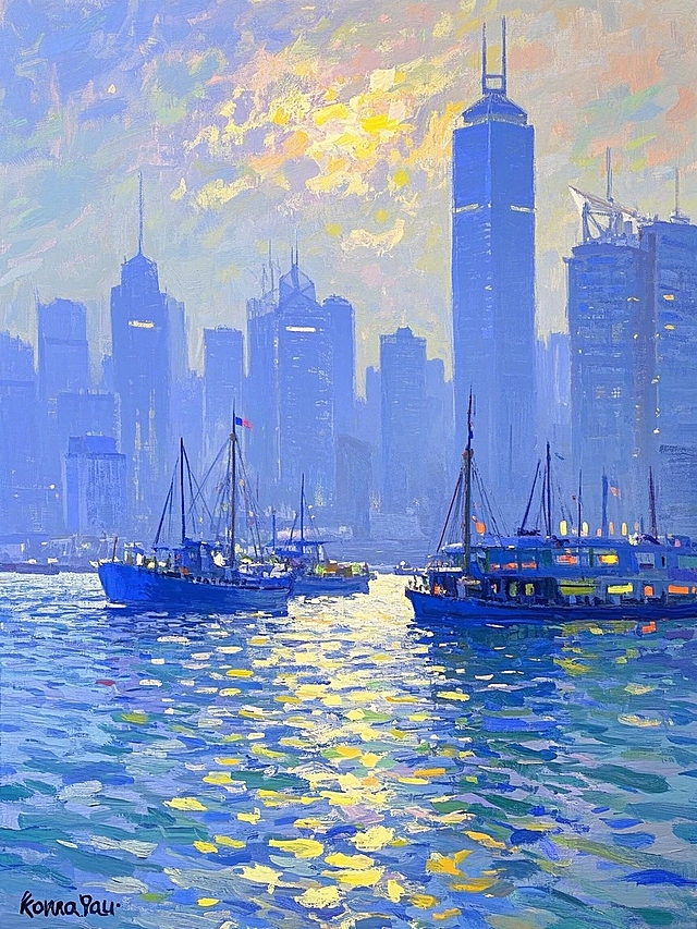 印象画派风格，现代城市与宽阔水面交织，光影斑斓，展现都市的宁静与活力。