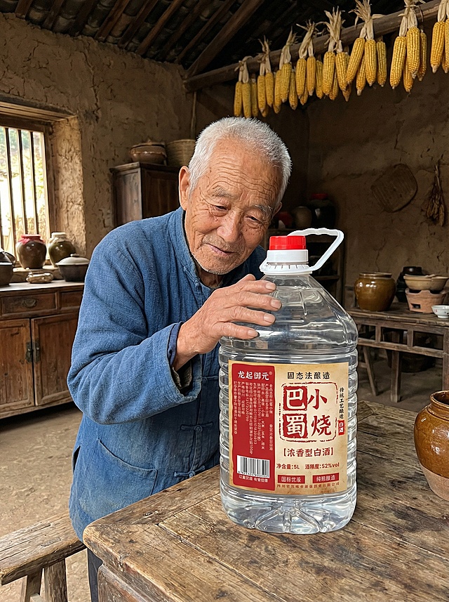 这是一桶白酒，帮我生成一张场景图，一个农村老人抚摸着这桶酒