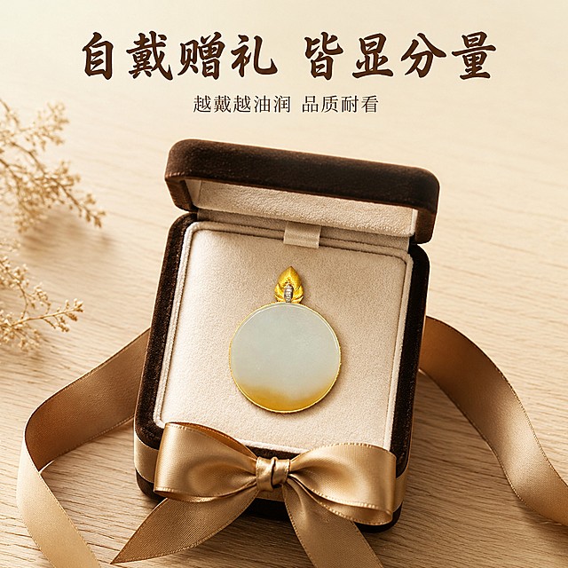 [主图-5] 糖料18K无事牌礼赠场景展示。氛围风格为仪式感满满，高级典雅。画质要求商业摄影，质感细腻，氛围温馨。糖料18K无事牌放置在打开的深棕色绒布首饰礼盒中，内衬为米色绒，丝带系成蝴蝶结，产品外观颜色与原图保持一致，不变形色差，细节精致。礼盒放置在浅原木桌面上，背景干净简洁。商品主体占比约60%。光影：柔和顶光，突出礼盒绒布质感和玉石油润光泽，氛围温馨有仪式感。配色：深棕+米色原木暖色调，搭配玉糖金色，整体大气高级。视角构图：俯视拍摄，礼盒居中展示，构图饱满。文字版式：顶部大字"自戴赠礼 皆显分量"，深棕色书法字体，下方小字"越戴越油润 品质耐看"，字号缩小，排版对齐不遮挡无事牌。比例分辨率：1:1比例，文字清晰，超高清。负向提示词：变形，文字错乱，产品模糊，背景杂乱，水印，电商平台Logo，文字遮挡产品