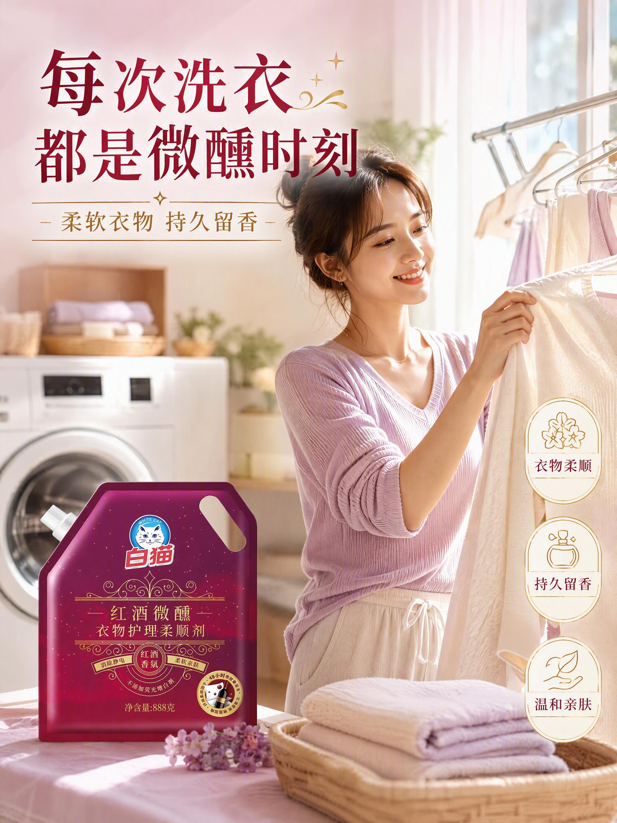 第4张 使用场景页-人物清洗衣物+柔顺效果真人展示。本张使用【… - 图片创意预览