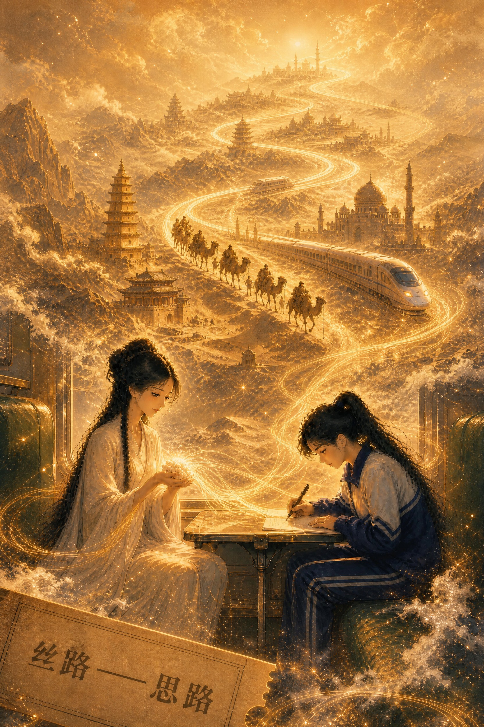 综合这两张参考图的全部元素，重新创作一幅竖式2:3的梦幻手绘国… - 图片创意预览