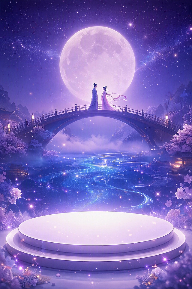 星空紫渐变银河蓝的梦幻夜空背景，乳白月轮悬挂天际，远处有一座鹊桥横跨星河，桥上站着牛郎织女二人相望。画面正前方有一个白色圆形展台，展台周围漂浮着淡紫色粒子光尘，桥底下方流动着深蓝色的璀璨星河，整体画面浪漫唯美，仙气缥缈，光影柔和，高细节，电影级质感