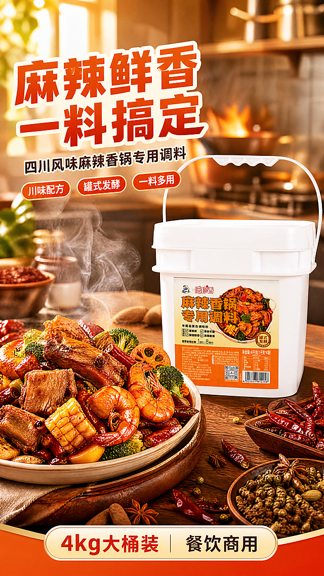 [第1张] 详情页头图-倍珍香麻辣香锅专用调料食欲氛围海报。本张使用【图1】桶装产品作为商品主体。
[氛围/风格] 家常烟火气+川味食欲感+商业摄影质感，暖色调，红油诱人。
[元素布局] 桶装麻辣香锅调料置于画面右侧中部，占比约55%；左侧前景摆放一碗刚出锅的麻辣香锅成品（虾、排骨、玉米、西兰花等食材裹满红油），蒸汽升腾；背景为虚化的中式厨房灶台场景，有干辣椒、花椒、八角等香料散落点缀；产品桶身结构、标签、颜色、文字与输入图一致，保持白色桶身+橙黄标签的真实外观。
[光影质感] 左上方暖光主照明，右侧辅光提亮桶身，红油表面有高光反射，整体温暖通透，食材油亮有食欲。
[配色色系] 全局底色 #FFF3E6（暖米橙）；主色橙红、暖黄；辅助色深棕（香料）、绿色（蔬菜点缀）。
[视角构图] 正面微俯视，产品与成品菜形成对角线构图，阅读动线左上标题 → 中部成品菜 → 右侧产品桶。
[文字版式] 左上标题区，主标题「麻辣鲜香 一料搞定」，副标题「四川风味麻辣香锅专用调料」，圆角粗黑体，橙红渐变字效；标题下方三个胶囊形卖点标签「川味配方」「罐式发酵」「一料多用」；底部信息条标注「4kg大桶装 餐饮商用」；文字不遮挡产品主体。
[比例分辨率] 9:16 竖版比例，4K 分辨率，文字清晰可辨，高清画质。
[负向提示词] 产品变形，桶身标签文字错乱，颜色偏差，水印，文字过小，背景杂乱，食材不真实。