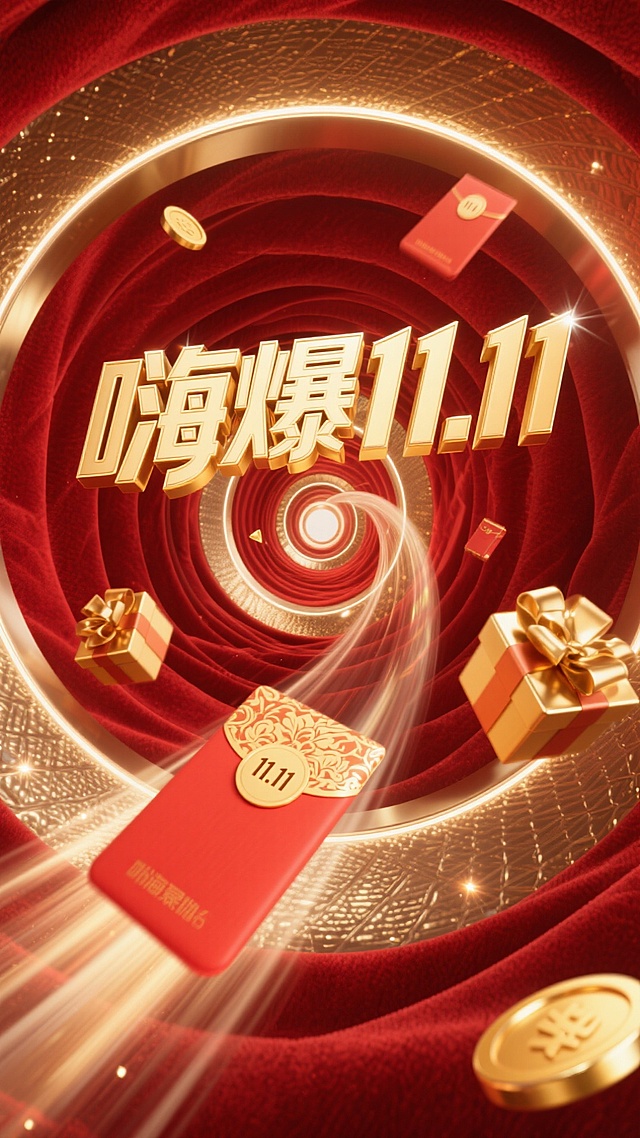 8K 超高清画质，画面以浓郁的红色作为背景主色调，仿佛是红丝绒质地，散发着奢华且热烈的光泽。醒目的标题 “嗨爆 11.11” 以立体金色大字呈现，字体边缘闪烁着光芒，极具视觉冲击力。红包如流星般从螺旋通道高速飞出，红包表面清晰印着 “11.11”，通过细腻的光影刻画，高光部分闪耀着金属质感，暗部则深邃神秘，凸显红包的立体感与动感。螺旋通道向远处的消失点延伸，通道内壁有着金属的光泽和纹理，营造出强烈的空间纵深感。通道内部有几个礼盒与金币不规则地漂浮着，礼盒包装精致，金色的花纹与红包相呼应，金币反射出耀眼的光芒，增添画面的华丽感。整体画面通过巧妙的光影运用，着重突出红包的主体地位，同时营造出神秘深邃的氛围。