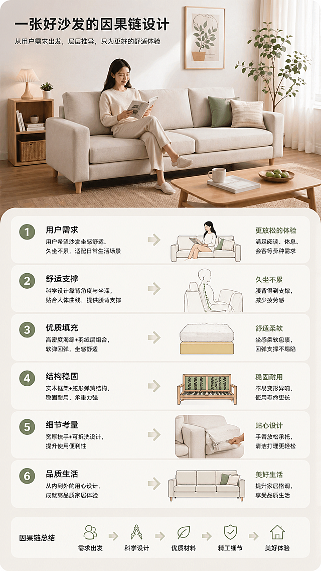 展示沙发的因果链设计，顶部为模特使用沙发的场景图，下方为带编号的步骤流程，每个流程步骤旁配有对应的图解，整体布局清晰，信息层级明确