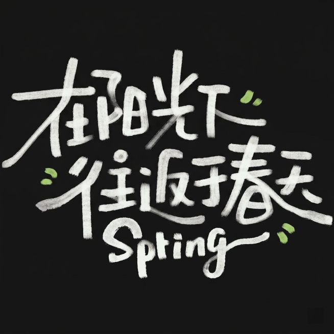 参考图风格，手写毛笔质感文字排版，纯黑色背景，白色文字，内容为“在书页的翻动声里，安放一个只属于自己的春天”，保留小面积绿色点缀装饰，整体简约文艺，春日氛围感预览效果