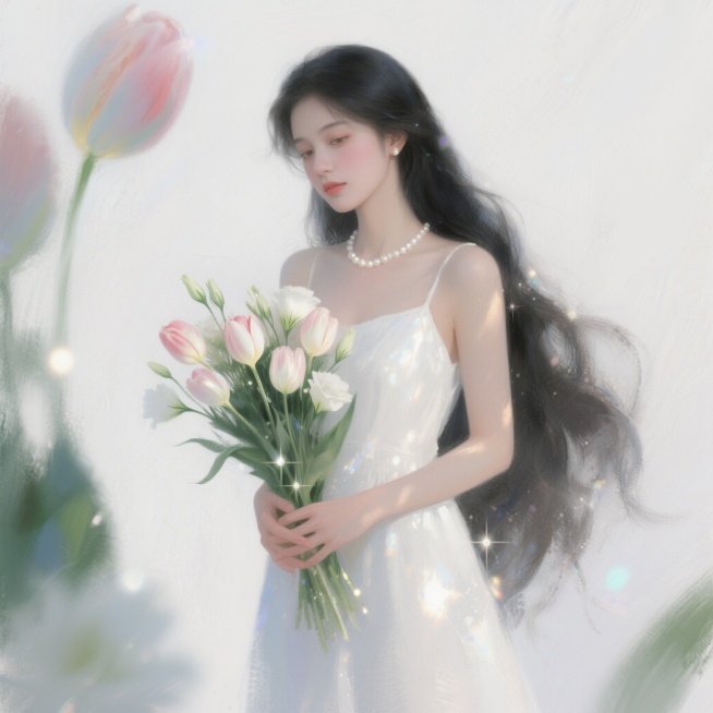 一位乌黑长发及腰穿着白色连衣裙、带着珍珠项链的美女，双手捧着一束郁金香加洋桔梗组成的花，站在白色背景中，皮肤细腻可见毛孔，超写实还原真人真实质感，采用自然光，佳能人像摄影，优雅高级，侧面全景视角预览效果