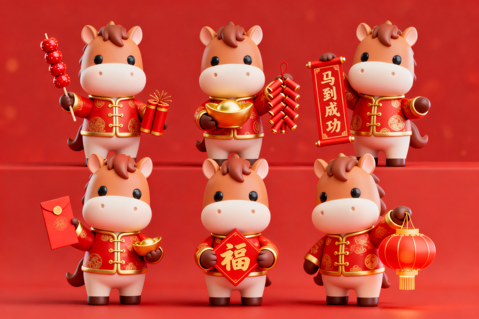 一组马年新春主题的 3D 卡通形象集合，背景为喜庆的红色：共 7 只萌系小马形象，均身着红金配色的中式服饰；每只小马搭配不同的新春吉祥元素：有的手持糖葫芦，有的拿鞭炮，有的托元宝，有的握红包，有的抱预览效果
