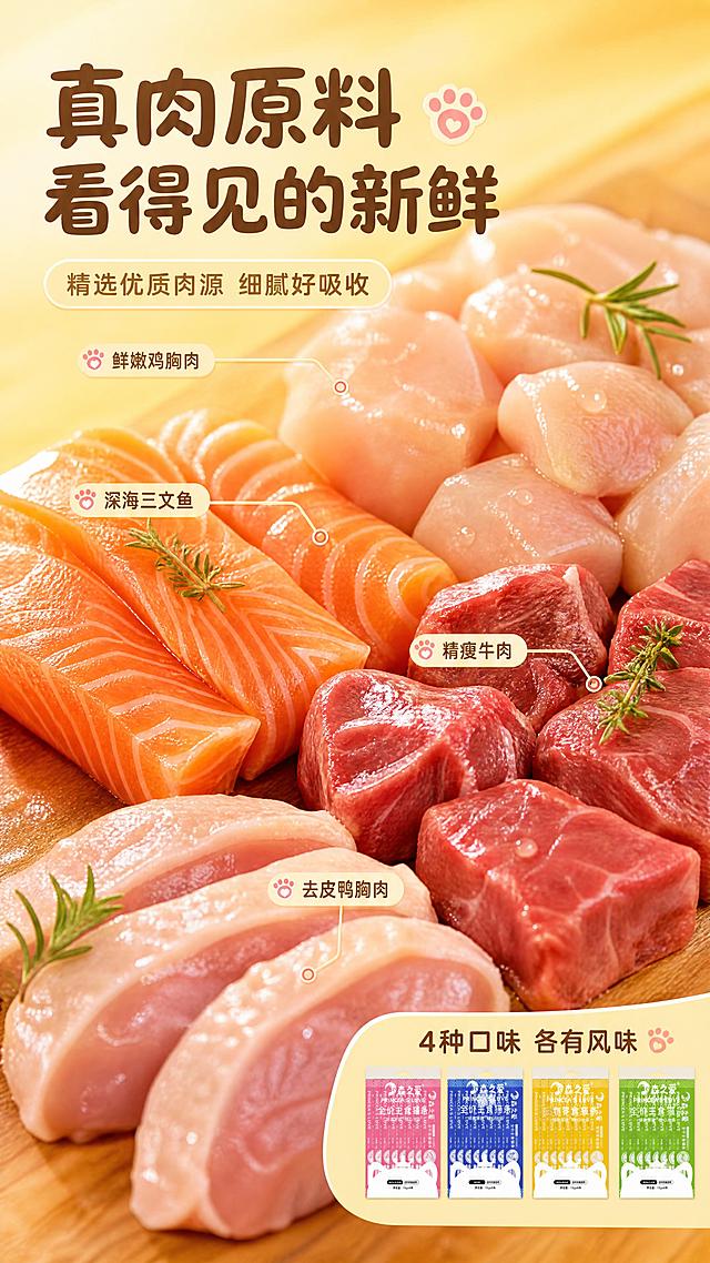 [商品] 成分/原料专张，以真实食材为主视觉；右下角小面积露出【图1】中森之爱猫条4款包装的缩略排列，作为产品佐证；包装保留原貌、颜色和Logo，不做主体。
[画面] 第2张·成分原料展示，目标是突出真肉原料与食材新鲜感。画面主体为放大的新鲜食材微距满铺：鲜嫩鸡胸肉块、橙红三文鱼切片、纹理清晰的牛肉块、去皮鸭胸肉，错落摆放，占画面约70%；食材表面带自然光泽和水珠感；背景为暖黄色渐变柔光台面，有木质纹理和柔和阴影。
[视觉] 套系策略：风格=暖治愈系宠物食品商业摄影风；标题字=圆润可爱粗体无衬线中文字；正文字=简洁清晰无衬线体；主色=暖黄色（奶油黄→蜂蜜黄渐变）；背景延展=基于暖黄色做深浅层级、同色渐变和细腻纸张/柔光质感；强调色=浅橘粉色，仅用于小面积图标、引线和标签点缀；标题色=深暖棕；正文色=中暖棕；组件=圆角浅黄信息卡、细线引线、猫爪形小图标；光影=左前侧暖柔光，整体明亮柔和。
[文字] 左上放主标题「真肉原料 看得见的新鲜」，副标题「精选优质肉源 细腻好吸收」；画面中用引线标注4种主要食材：「鲜嫩鸡胸肉」「深海三文鱼」「精瘦牛肉」「去皮鸭胸肉」；右下角放4款小包装缩略图+「4种口味 各有风味」；文字全部横向排版。
[规格] 图片比例9:16竖版，4K，负向提示：避免食材不真实、颜色发灰、文字过小、冷蓝背景、虚假营养承诺、极限词。