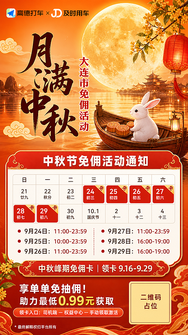 竖版9:16网约车司机商用宣传海报，橙红暖调中秋国潮主题，画面上方巨大金黄色圆月、水面倒影、桂花枝、红灯笼、祥云点缀，水面上一艘木船，船上坐着一只白玉兔，玉兔面前摆放月饼，整体氛围温馨喜庆，国潮插画风格，色彩以橙红、金黄、暖棕色为主。左上角完整保留高德打车 × 及时用车品牌logo，logo不被任何元素遮挡。画面中央偏左位置有书法大字"月满中秋"，右侧竖排红色文字"大连市免佣活动"。画面中部有红色圆角标题栏，栏内白色大字"中秋节免佣活动通知"。标题栏下方是白底日历布局表格，表格内9月24日、25日、26日、27日、28日、29日六个免佣日期用红底高亮显示，每个高亮日期右上角添加"免"字角标。日历下方用红色圆点逐条列出每日免佣时段："9月24日：11:00-23:59"、"9月25日：10:00-23:59"、"9月26日：11:00-23:59"、"9月27日：11:00-23:59"、"9月28日：16:00-19:00"、"9月29日：16:00-19:00"。再下方有小标题"中秋峰期免佣卡｜领卡 9.16-9.29"。画面底部文案："享单单免抽佣！助力最低0.99元获取，领卡入口：司机端 — 权益中心 — 手动领取激活"。右下角放置二维码占位符（纯色方块中央标注"二维码占位"文字）。左下角小字"* 最终解释权归平台所有"。整体文字清晰锐利，商用高清画质，无AI水印，版式精美，信息层级分明。画面中所有信息区域、日历表格、时段列表、文案区必须填充完整合理的内容，不得出现空白框、空白占位、空列表项、空单元格。画面中所有数字必须精确渲染，不得错位、遗漏或编造。
