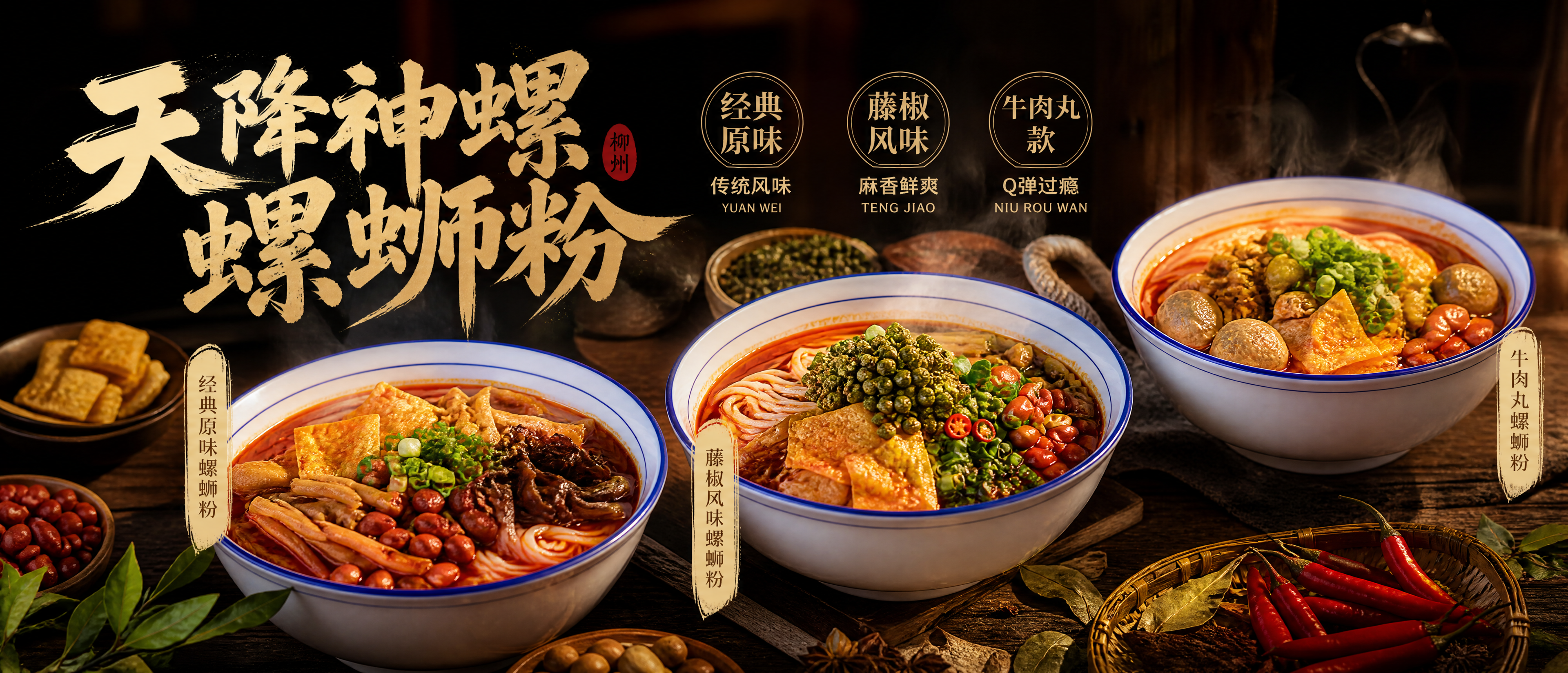 外卖店铺海报banner设计，超宽横版构图，画面主体是多碗不同… - 图片创意预览