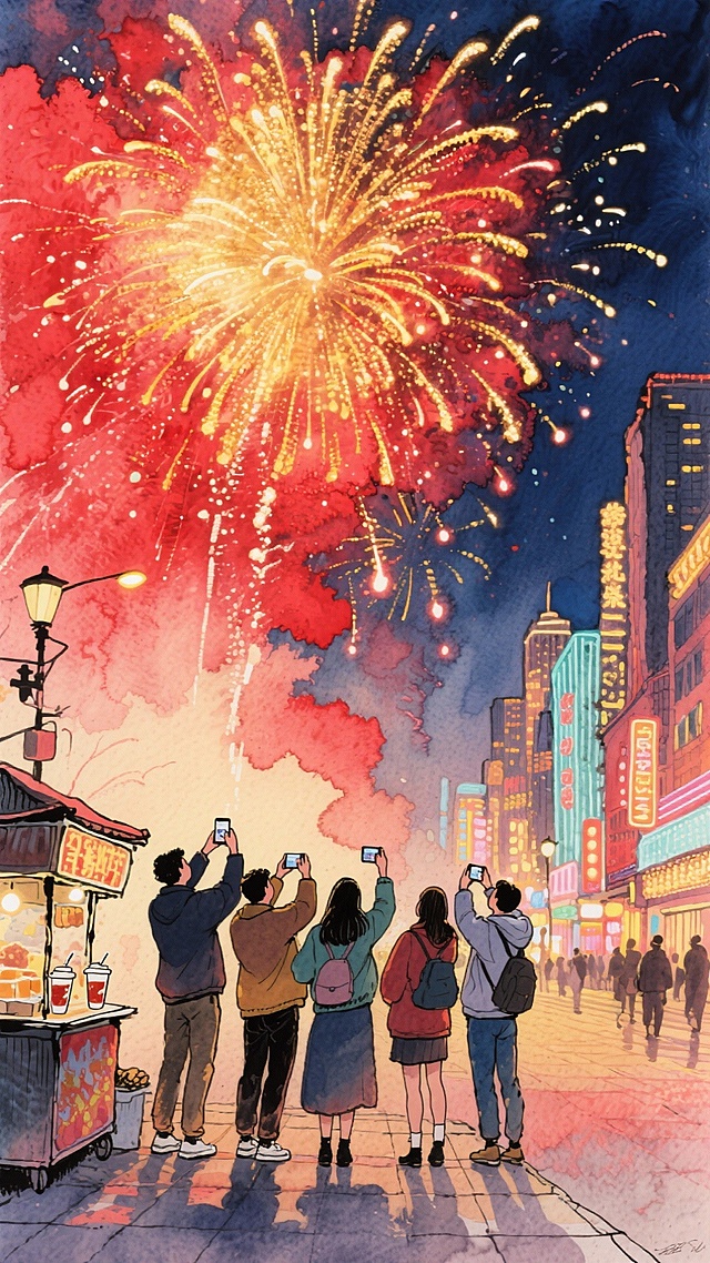水彩风插画，融合漫画与印象画派笔触，描绘城市夜景中绚烂烟花绽放，光影交错间尽显喜庆梦幻氛围。