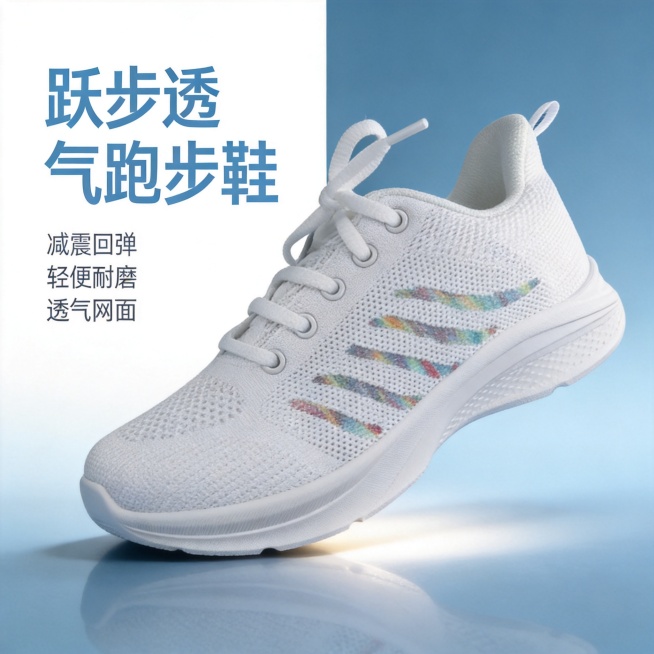 [单张主图] 男士跃步跑步鞋，高级氛围感电商主图，产品展示，蓝调风格。[画面主体] 白色网面跑步鞋居中放置，鞋型清晰完整，占画面60%左右；保持鞋子外观（物理结构、材质质感、彩色条纹装饰）与输入产品图预览效果