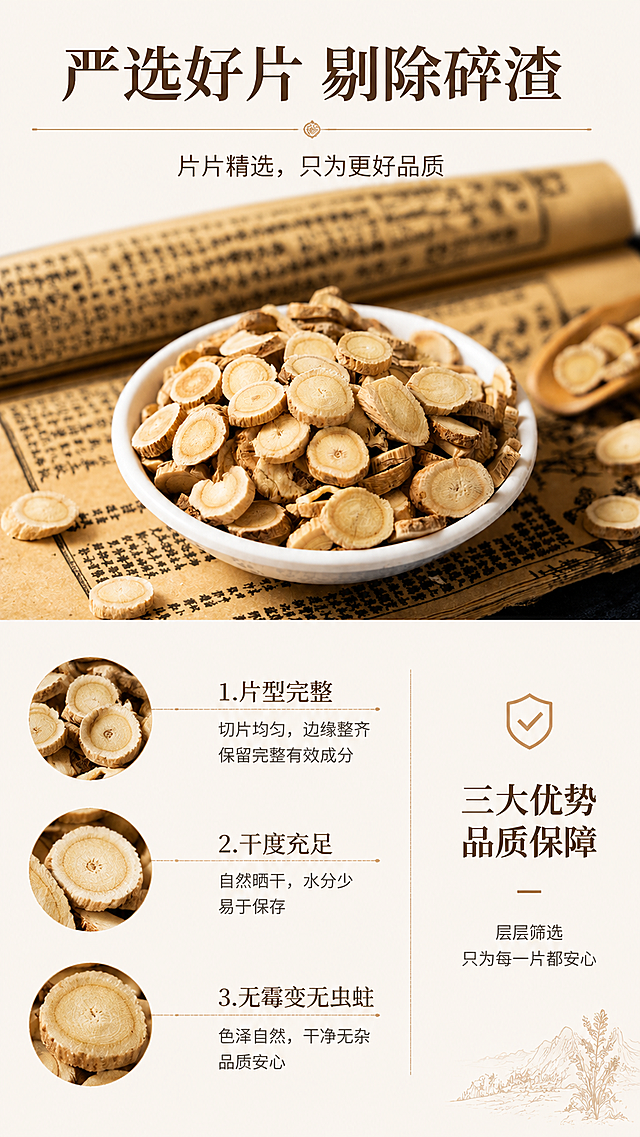 [第6屏] 实拍细节特征对比展示，本屏使用【图1】商品图作为优质切片展示。
[氛围/风格] 真实对比说明，清晰直观，自然质朴，商业摄影风格。
[元素布局] 上下双图排版，上半部分展示优质岷县黄芪切片，保持产品切片纹理、颜色、形状和原图一致；下半部分文字说明加细节标注。左侧标注细节，右侧总结优势，布局清晰，留白合理。
[光影质感] 整体光线均匀，产品细节清晰，对比明确，视觉舒适。
[配色色系] 全局底色：#F8F4EC，产品保留原有色泽，文字深棕色，标注浅棕色，干净自然。
[视角构图] 9:16竖版，上下结构，上产品下说明，对比清晰。
[文字版式] 顶部主标题「严选好片 剔除碎渣」，加粗；主体部分展示产品切片，下方标注三个细节：
1. 「片型完整」
2. 「干度充足」
3. 「无霉变无虫蛀」
文字清晰，标注明确，不遮挡产品主体。
[比例分辨率] 9:16竖版比例，4K分辨率，文字清晰可辨，超高清。
[负向提示词] 切片变形，颜色偏差，水印，文字错乱，产品图模糊，背景杂乱，虚构功效，绝对化词语。