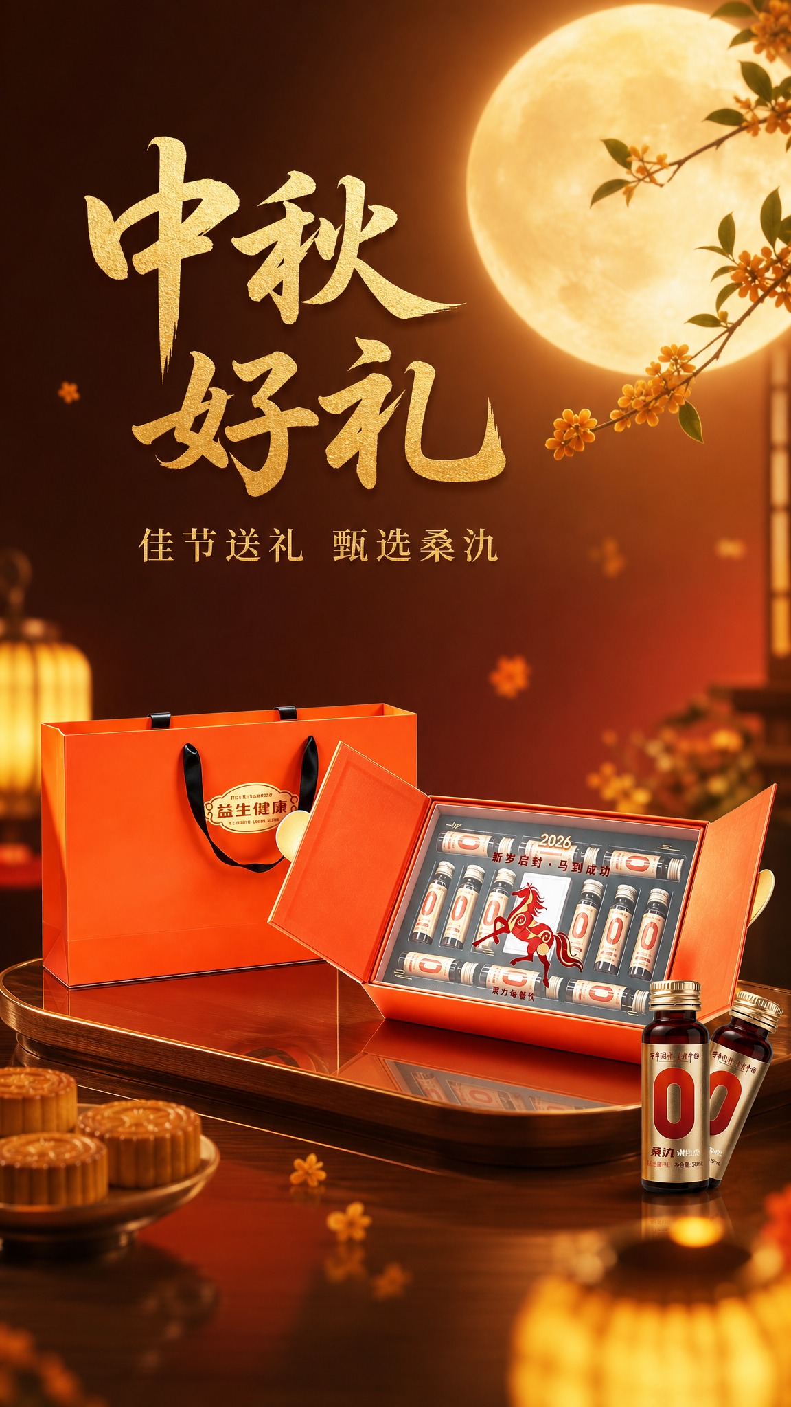 基于上传的桑氿益生菌植物饮橙色礼盒产品图，生成中秋节送礼预热海… - 图片创意预览