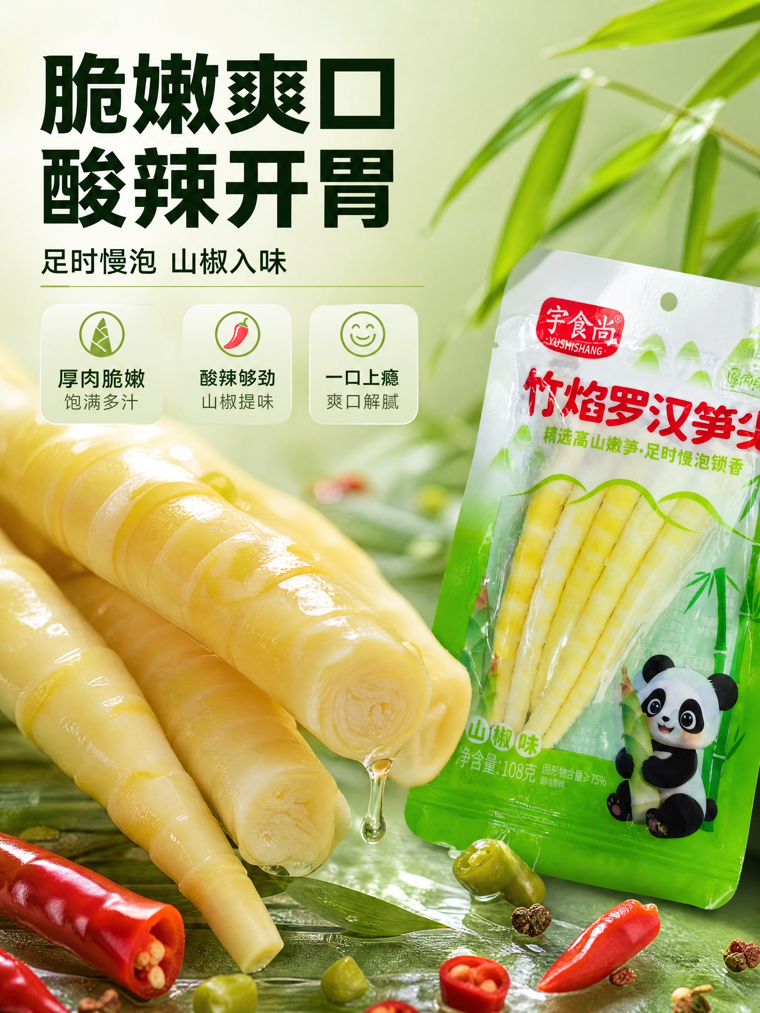 [商品] 使用【图2】宇食尚竹焰罗汉笋尖山椒味袋装产品；保留包… - 图片创意预览