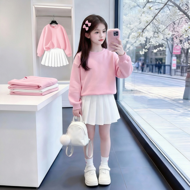 用图1的卫衣和短裙替换掉图2的模特身上穿的衣服裤子和旁边桌子上折叠的衣服已经后面衣架上挂着的衣服，保留原场景光影，保持图22的人物的五官和发饰不变，姿势不变，背景不变，图片宽高尺寸不变，保持图1的卫衣预览效果