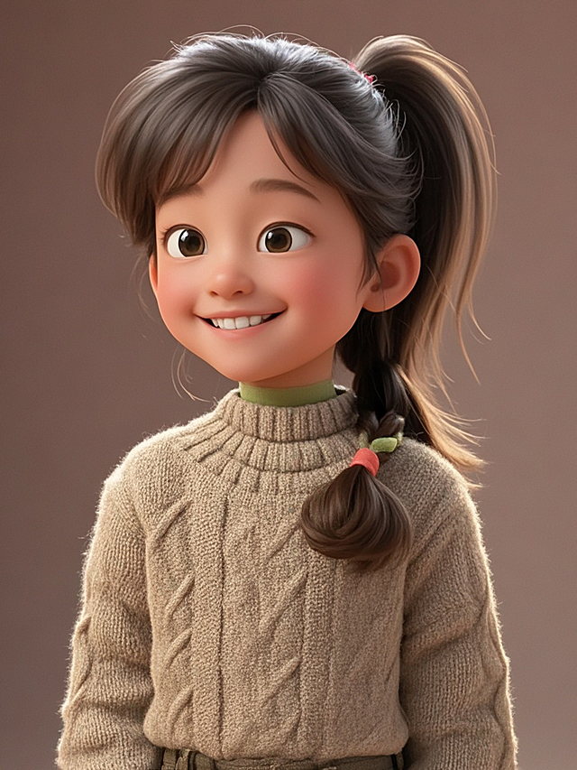 可爱3D卡通角色，温暖色调，细腻纹理，童趣十足。
