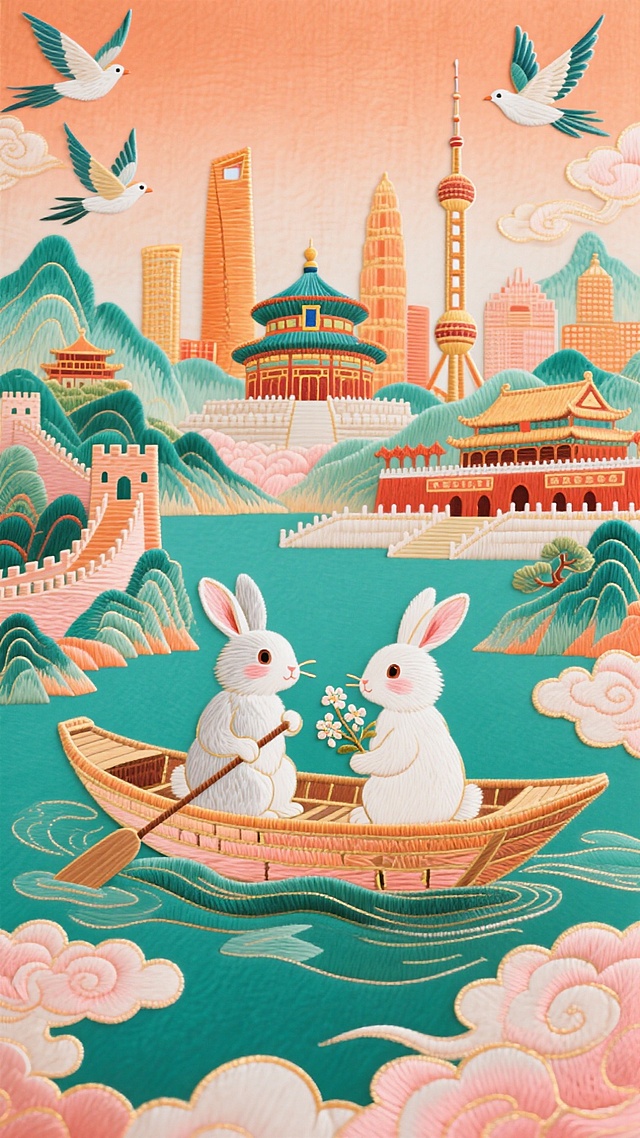 两个小兔子坐在一叶扁舟上（一个握着船桨、一个捧着桂花枝）的侧影，中景有连绵的祖国山水和错落的国家标志性建筑（天坛、长城、故宫、东方明珠等），四周有和平鸽、祥云环绕，暖橙粉金为主色调（青绿点缀），背景有恢弘的国家地标建筑群，画面有序和谐干净。