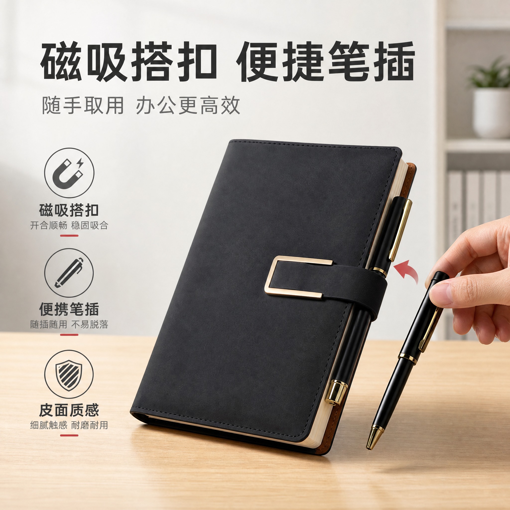 [主图-2] 核心卖点证明，展示磁吸搭扣和笔插功能细节，突出使… - 图片创意预览