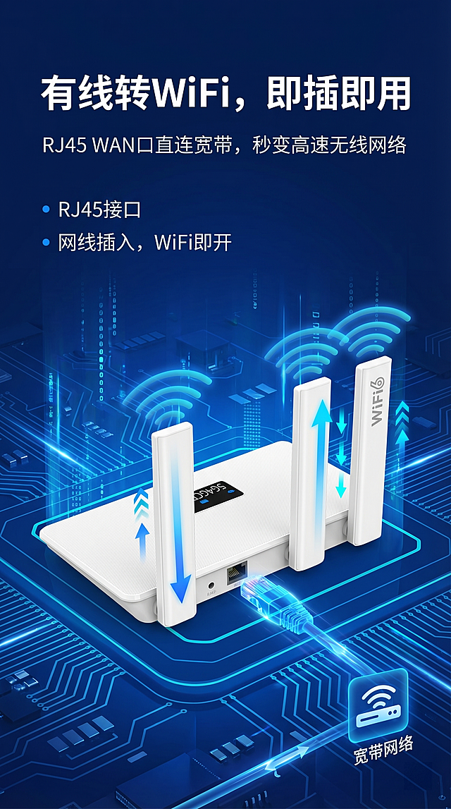 拼多多商品详情图，比例9:16，科技风深蓝色背景，介绍可插卡无线路由器"有线转WiFi"功能，突出带RJ45接口，网线插入WAN口即可将宽带转换为WiFi，产品图来自https://gdesign-dam-hz.dancf.com/36200506261231715/038a9c1fe0a64a9faf8d46c8680c613f.png