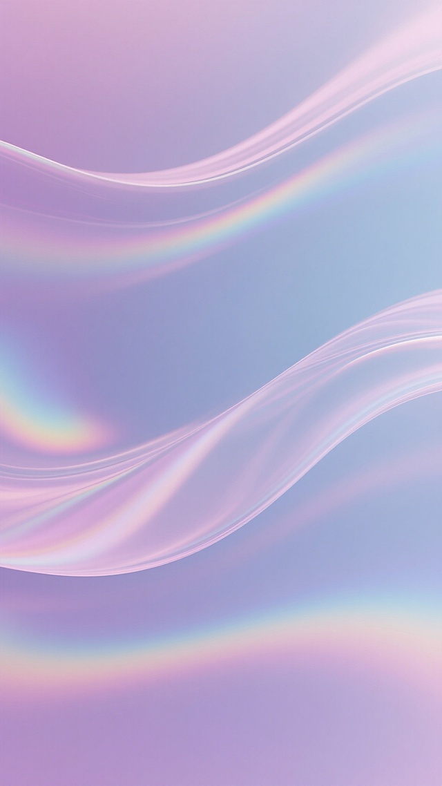 一张具有流动感曲线纹理的背景图，主色调为柔和的粉紫色与淡蓝色渐变，点缀着梦幻的彩虹光泽，整体呈现出细腻的磨砂玻璃质感，色彩过渡自然柔和，光影效果轻盈通透，营造出宁静而富有梦幻气息的氛围，画面简洁大方，没有任何文字和图案元素。