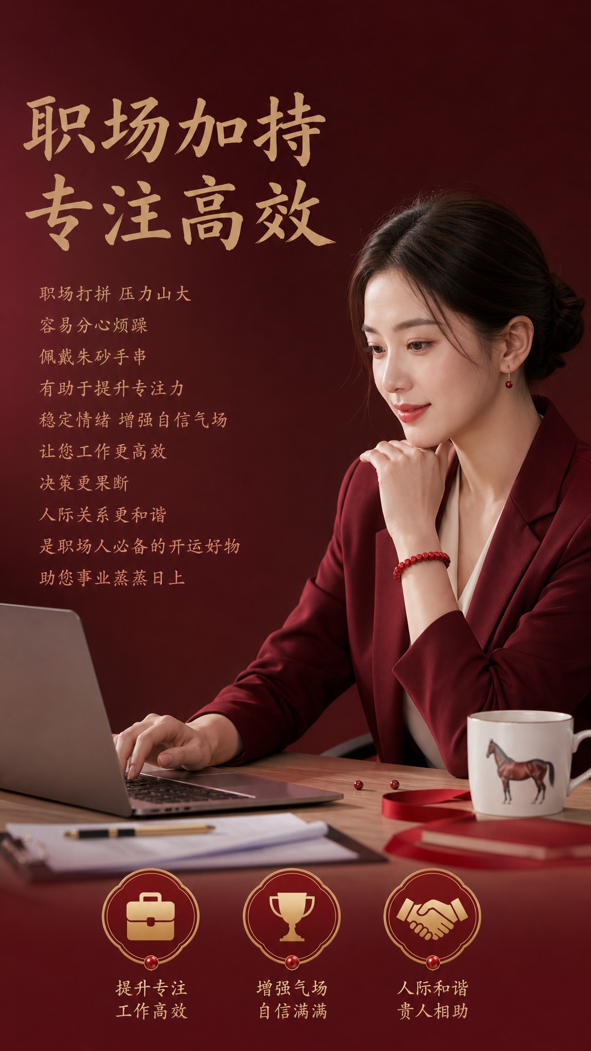 电商详情页职场功能卖点图，职场女性佩戴朱砂手串在办公桌前专注工… - 图片创意预览