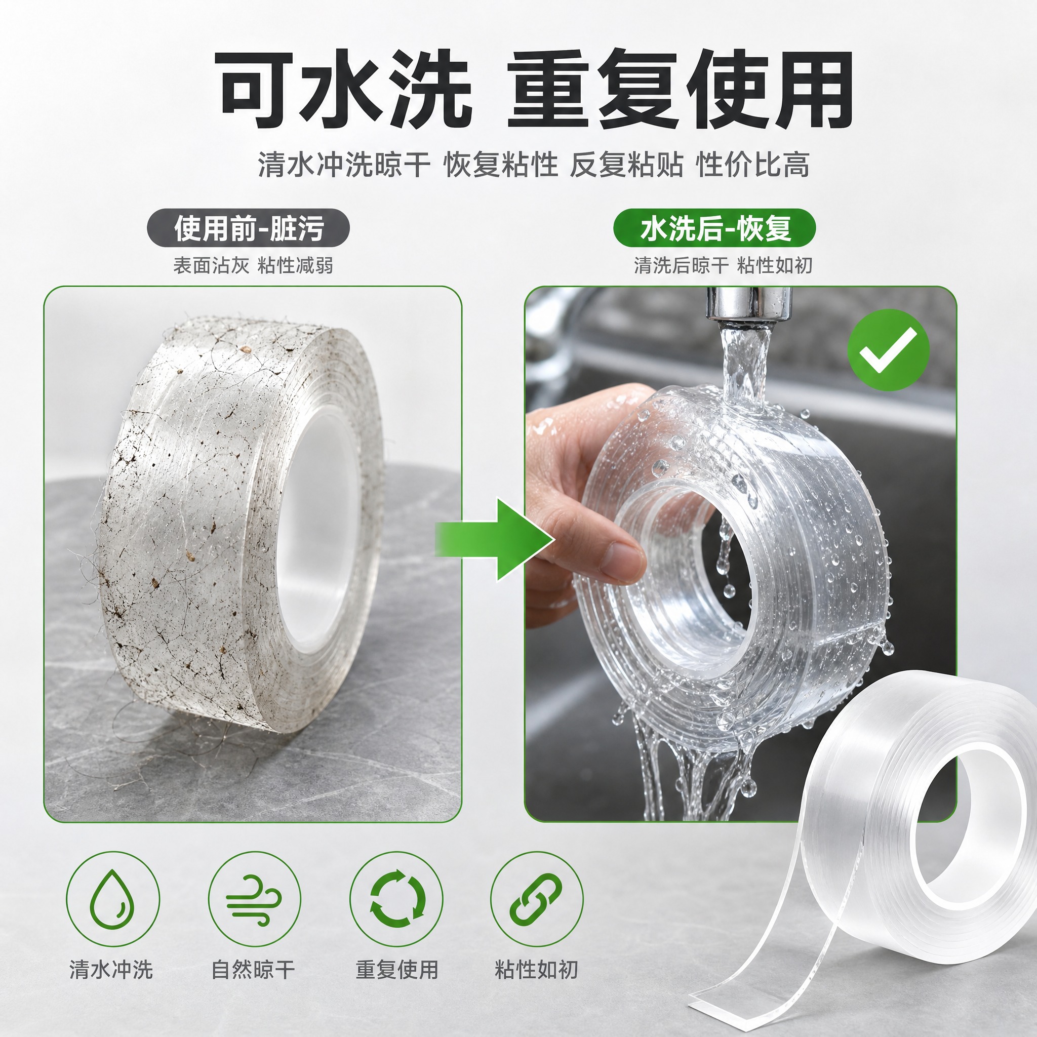 [主图-4] 可水洗重复使用卖点证明，展示纳米双面胶脏了水洗后… - 图片创意预览