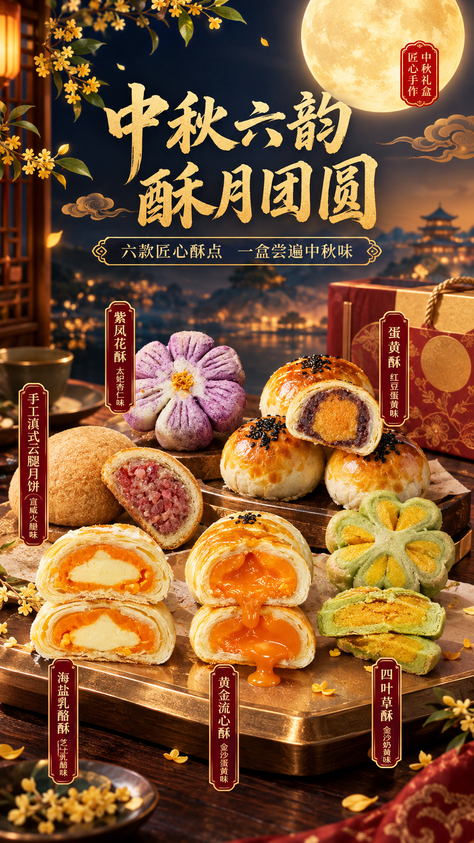中秋月饼礼盒海报，新中式国风暖金风格，9:16竖版。画面中下部… - 图片创意预览