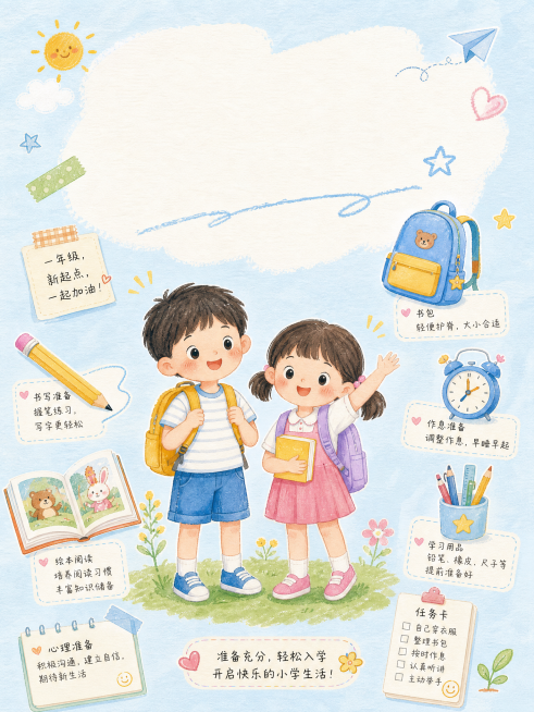 竖版3:4小红书封面，主题是"暑假入学准备清单"，浅蓝色纸张纹理背景，预留手写感大标题区域，画面中心是两个准备上一年级的小朋友，周围分布书包、闹钟、铅笔、绘本、任务卡小插画，整体像儿童手绘资料卡，有水预览效果