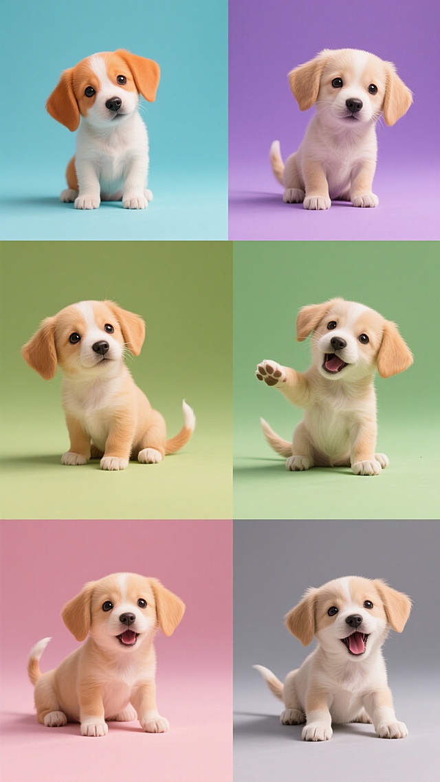 6只不同造型的同一只可爱小狗的系列素材集合，均为高清摄影风格，纯背景，每只小狗保持相同的毛发质感和表情特征，整体色彩分别变换为清新蓝、活力橙、优雅紫、自然绿、温暖粉和沉稳灰，每只小狗造型各异，有的歪头、有的摇尾、有的玩耍、有的打哈欠、有的伸懒腰、有的坐着，规整排布成两行三列，画面干净整洁，视觉统一又富有变化