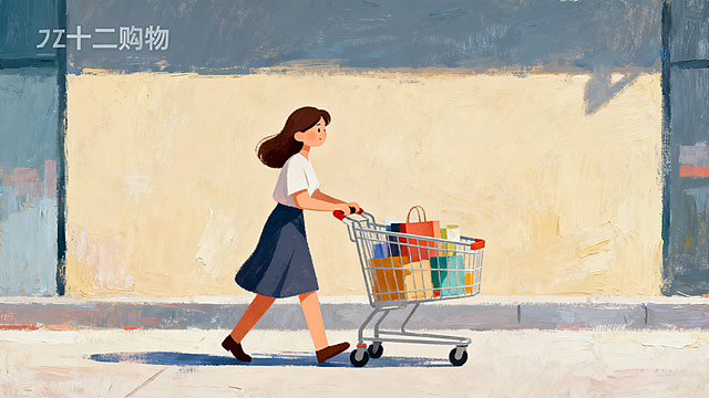 卡通插画偏油画风格，简洁干净，双十二购物主题，一个女人推着购物小车的banner背景，无文字，购物氛围，整体画面简约不复杂