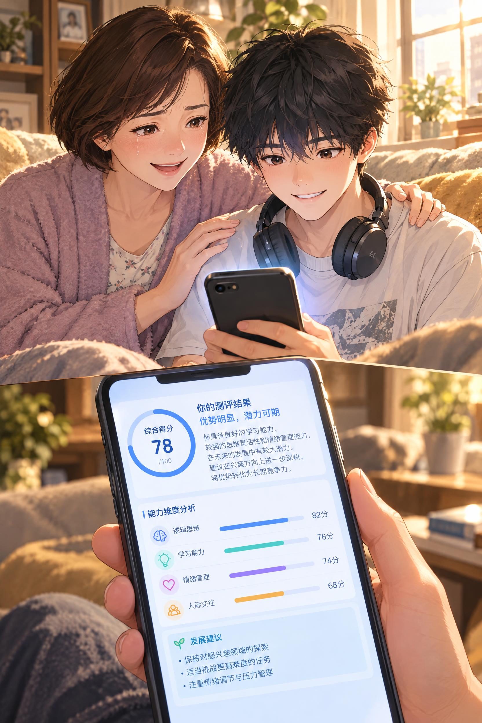 都市漫画风格，周末下午，客厅沙发场景。妈妈和儿子并肩坐在沙发上… - 图片创意预览