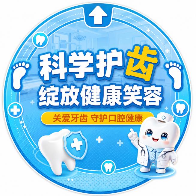 基于原图爱牙日内容生成方形地贴，保留科学护齿绽放健康笑容关爱牙齿守护口腔健康所有文字，风格统一为蓝色医疗风，添加地贴设计元素预览效果