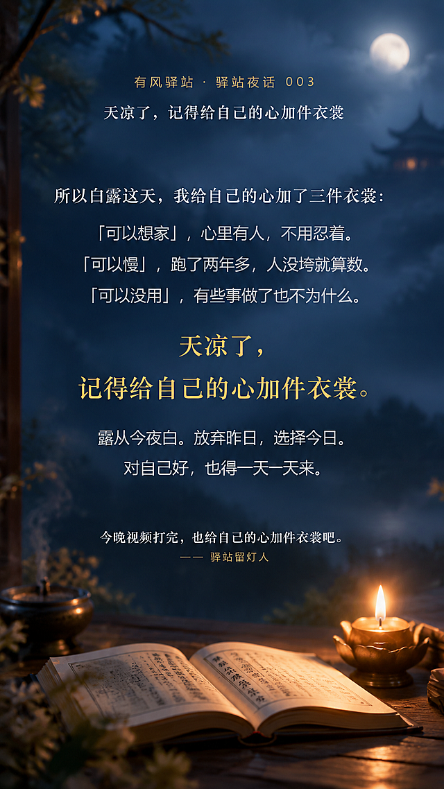 保留原图中所有文字内容、排版布局、字体样式和金色标题效果不变，将背景替换为融合佛学禅意的夜读通用背景：深夜微光氛围，画面下方有一本静静翻开的经书/书本，书页泛着柔和暖光，旁边点缀一盏小油灯或酥油灯散发温暖光晕，夜色深蓝朦胧如薄雾，整体空灵静谧，佛学禅意浓厚，体现享受孤独、心有亮光的意境，元素柔和虚化不抢文字主体，文字清晰可读，色调以深蓝灰与暖黄光交融，治愈宁静