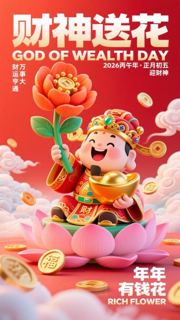 2026正月初五迎财神主题 3D 插画，正红底色，画面主体是 Q 版萌系财神（红金吉服、冠饰宝石，咧嘴大笑），坐于粉色莲花座上；财神一手举巨型金元宝花（花瓣橙红、花蕊金元宝，配绿茎），一手抱大金元宝，预览效果