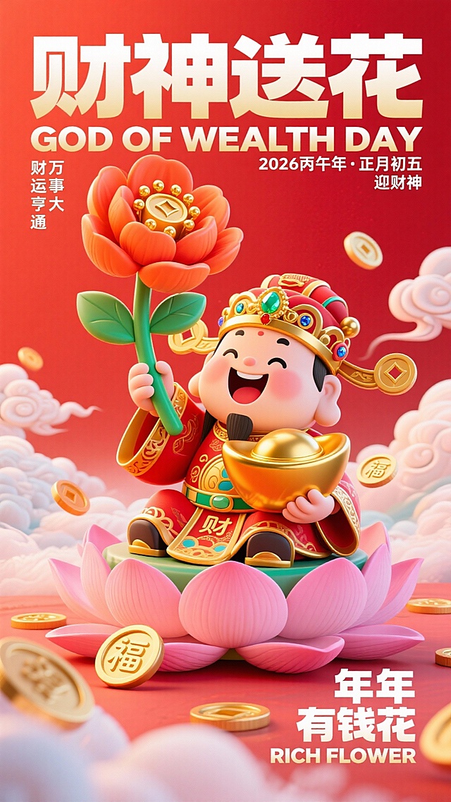 2026正月初五迎财神主题 3D 插画，正红底色，画面主体是 Q 版萌系财神（红金吉服、冠饰宝石，咧嘴大笑），坐于粉色莲花座上；财神一手举巨型金元宝花（花瓣橙红、花蕊金元宝，配绿茎），一手抱大金元宝，周围散落带 “福”“财” 字的金币；文字排版：顶部大字 “财神送花”（白金色渐变黑体艺术字）+“GOD OF WEALTH DAY”，右侧 “2026 丙午年・正月初五  迎财神”，左侧小字 “财运亨通 万事大吉”，底部靠右大字 “年年 有钱花”+“RICH FLOWER”（白金色渐变黑体艺术字）；整体风格软糯喜庆，色彩以红、金、粉为主，传递迎财神纳福的氛围。