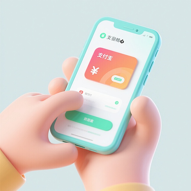 清新软3D风设计，手拿着手机，展示支付功能，色彩明亮，风格简约。