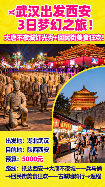 西安3日游宣传海报，活泼吸睛的旅行风格，画面包含大唐不夜城璀璨灯光秀、兵马俑、回民街美食、古城墙骑行的元素，醒目位置展示标题「🌺武汉出发西安3日梦幻之旅！大唐不夜城灯光秀+回民街美食狂欢！」，下方清预览效果